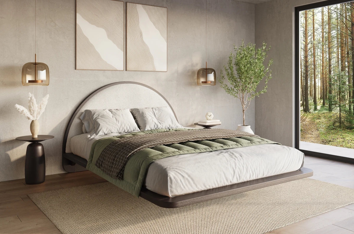 MOMOKO Beech Floating Bed with Bouclé Headboard