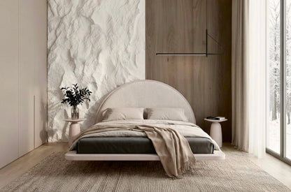 MOMOKO Beech Floating Bed with Bouclé Headboard