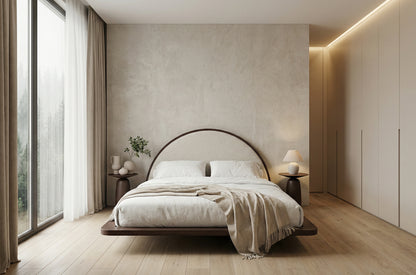 MOMOKO Beech Floating Bed with Bouclé Headboard