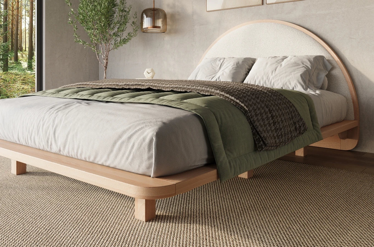 MOMOKO Beech Floating Bed with Bouclé Headboard