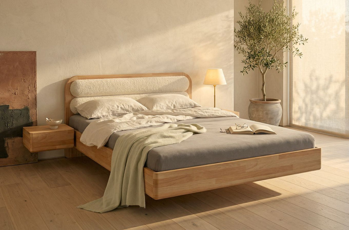 PONZA Beech Floating Bed with Bouclé Headboard