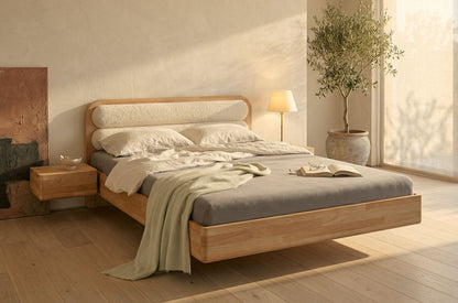 PONZA Beech Floating Bed with Bouclé Headboard