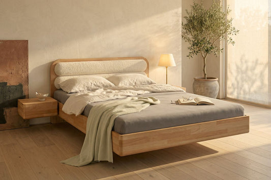 PONZA Beech Floating Bed with Bouclé Headboard