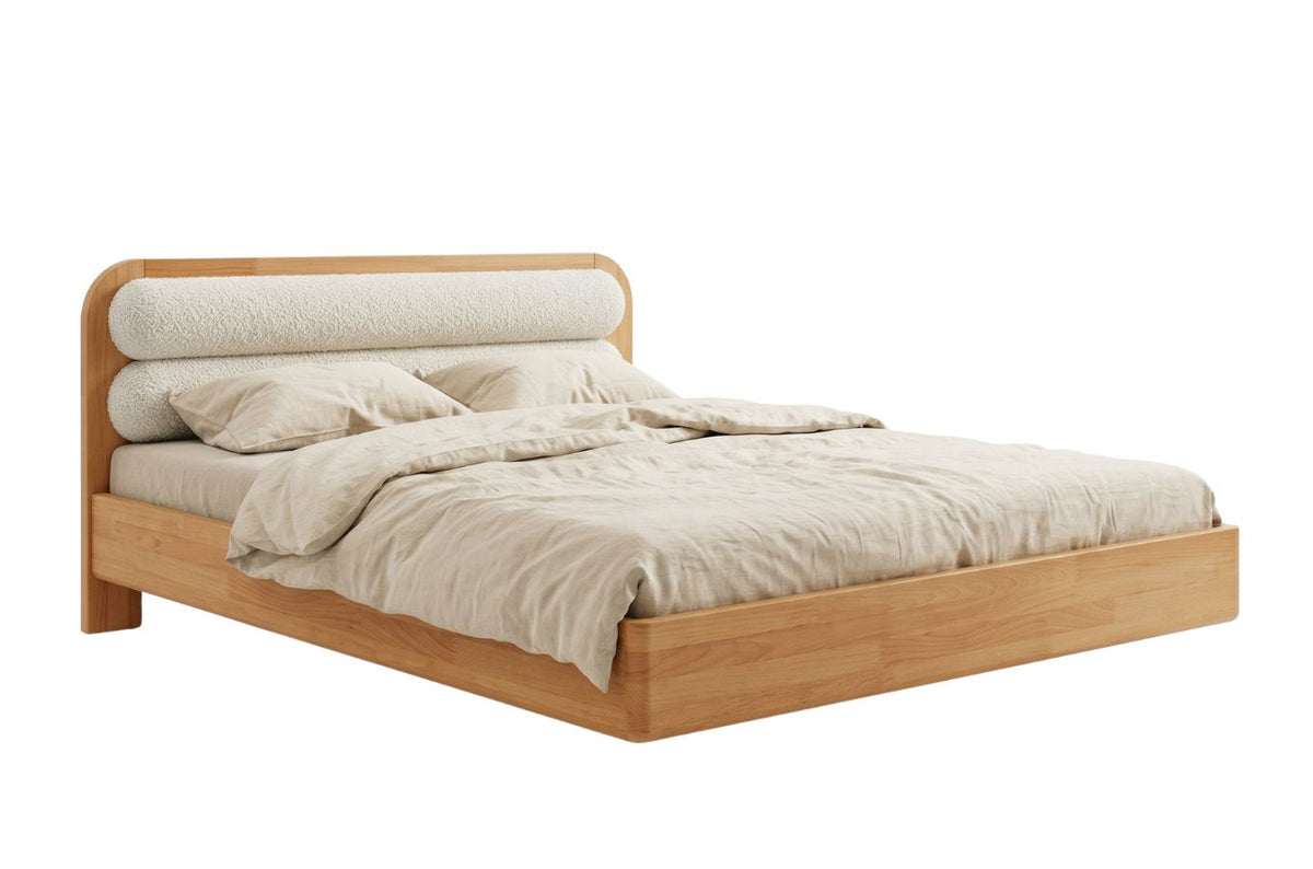 PONZA Beech Floating Bed with Bouclé Headboard