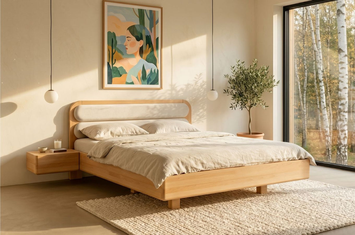 PONZA Beech Floating Bed with Bouclé Headboard