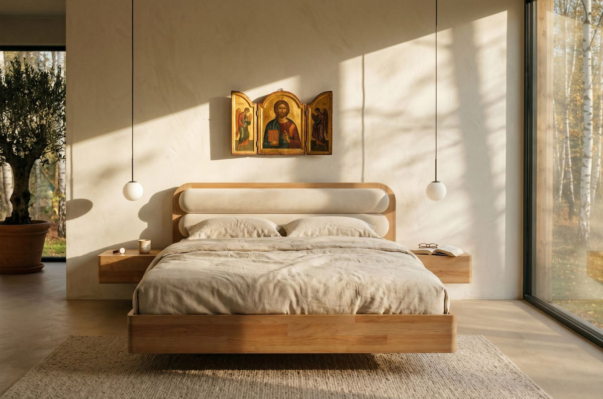 PONZA Beech Floating Bed with Bouclé Headboard