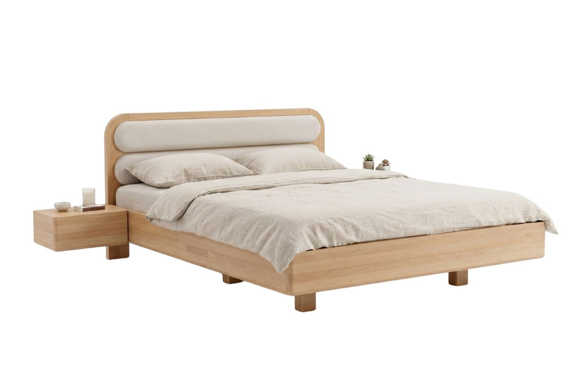 PONZA Beech Floating Bed with Bouclé Headboard