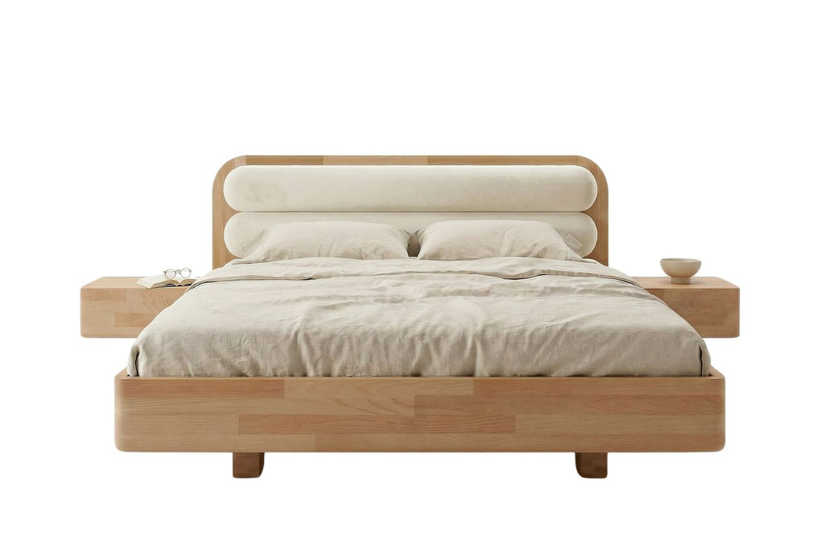PONZA Beech Floating Bed with Bouclé Headboard