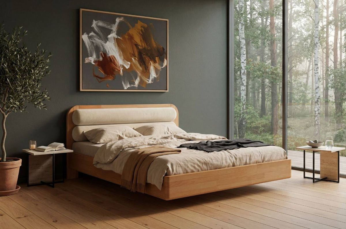 PONZA Beech Floating Bed with Bouclé Headboard
