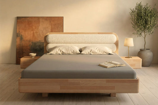 PONZA Beech Floating Bed with Bouclé Headboard