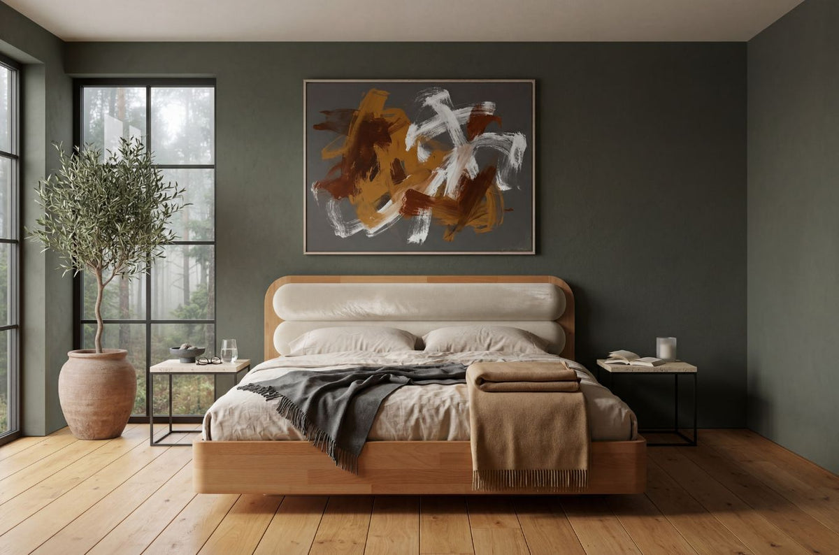 PONZA Beech Floating Bed with Bouclé Headboard