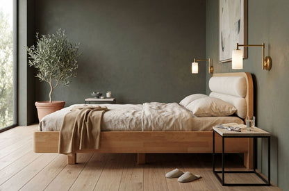 PONZA Beech Floating Bed with Bouclé Headboard