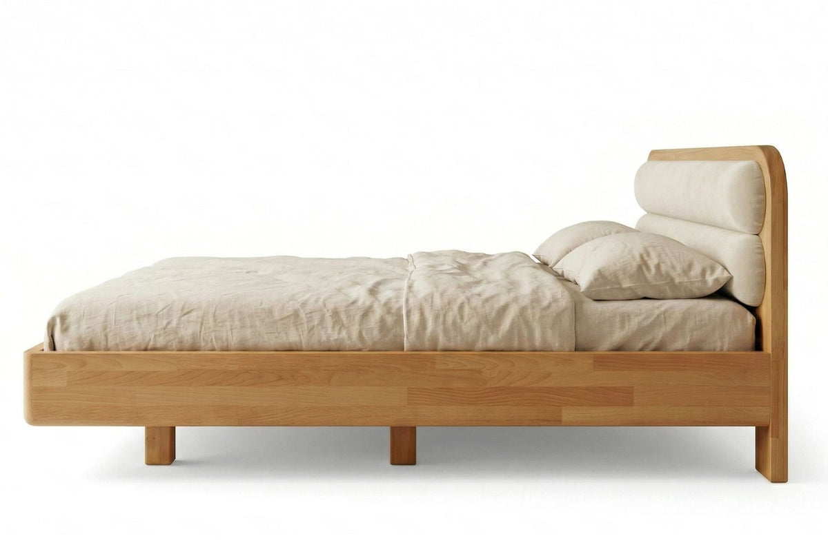 PONZA Beech Floating Bed with Bouclé Headboard