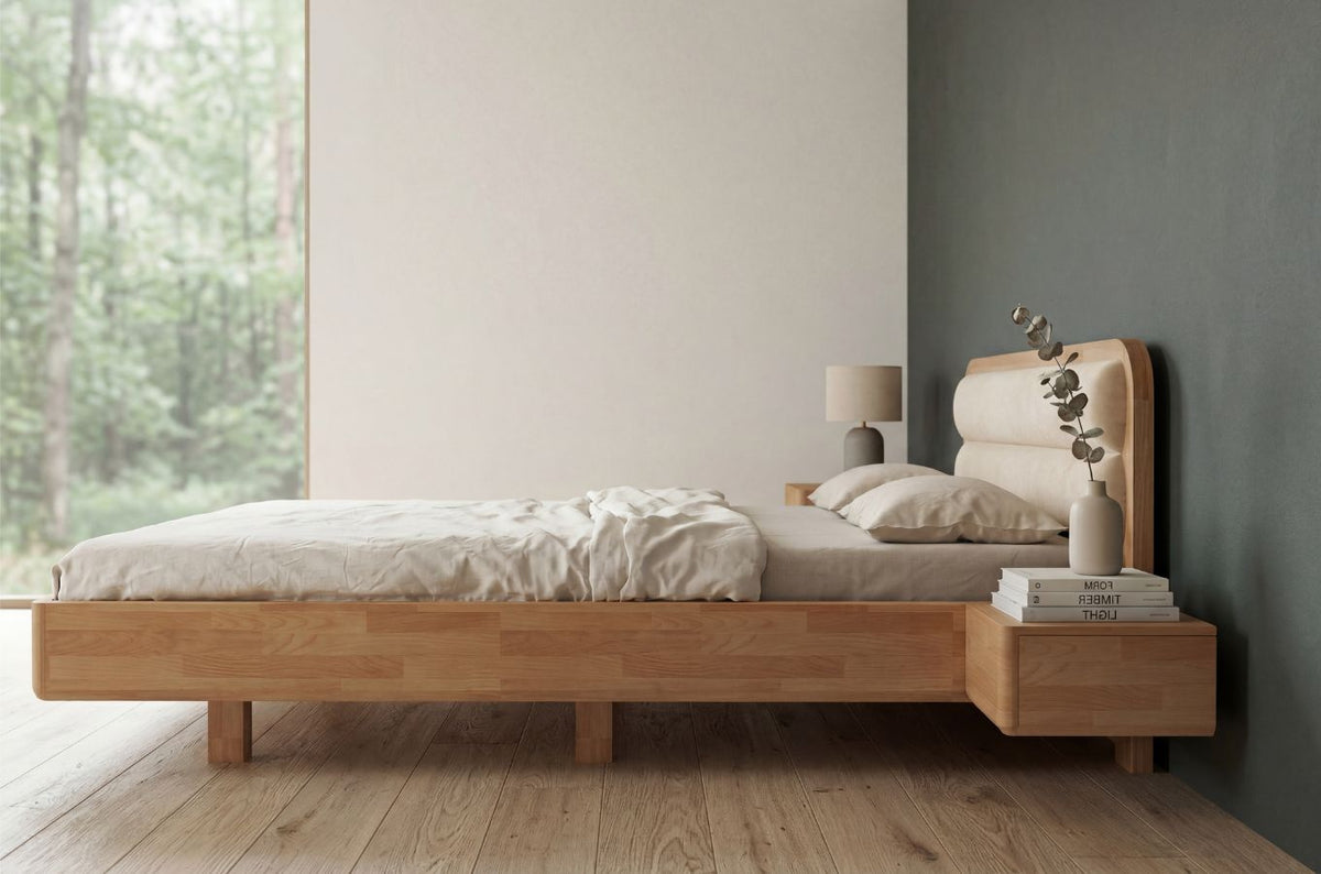 PONZA Beech Floating Bed with Bouclé Headboard
