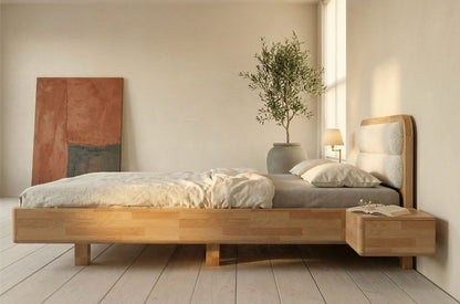 PONZA Beech Floating Bed with Bouclé Headboard
