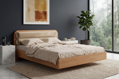 PONZA Beech Floating Bed with Bouclé Headboard