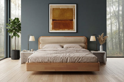 PONZA Beech Floating Bed with Bouclé Headboard