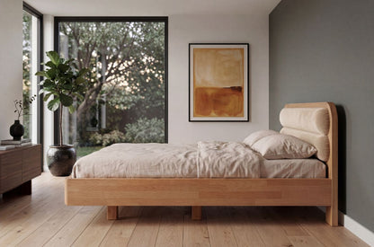 PONZA Beech Floating Bed with Bouclé Headboard