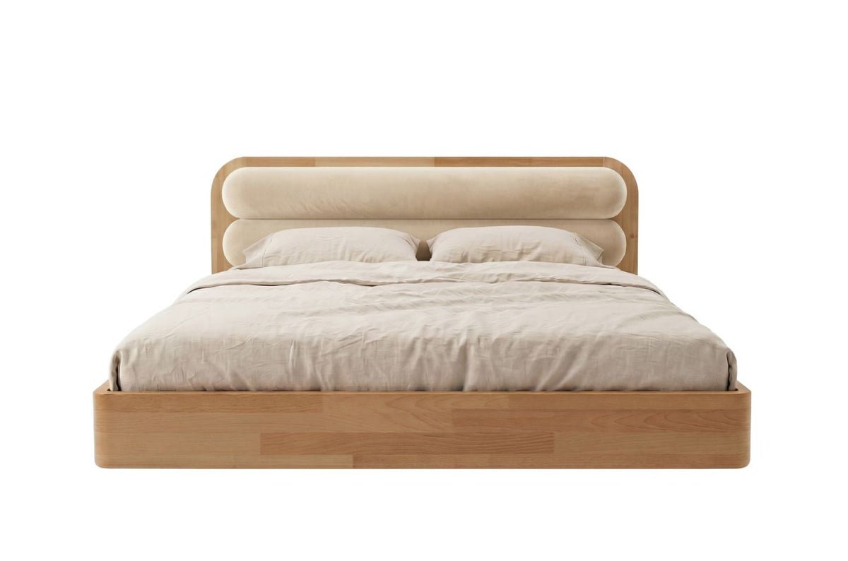 PONZA Beech Floating Bed with Bouclé Headboard