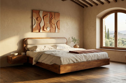 PONZA Beech Floating Bed with Bouclé Headboard