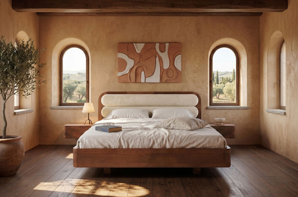 PONZA Beech Floating Bed with Bouclé Headboard