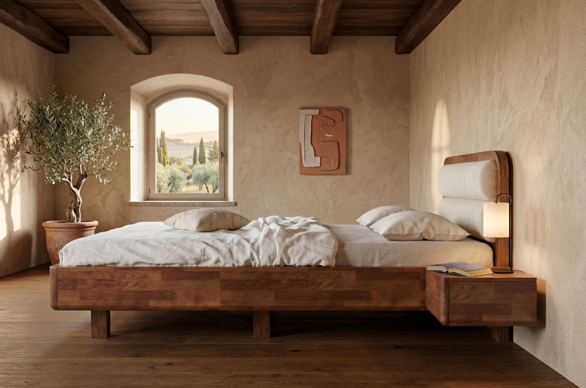 PONZA Beech Floating Bed with Bouclé Headboard