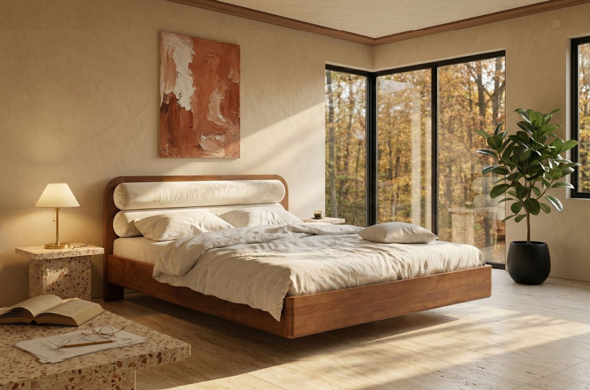 PONZA Beech Floating Bed with Bouclé Headboard