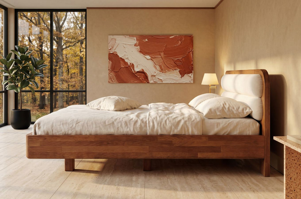 PONZA Beech Floating Bed with Bouclé Headboard
