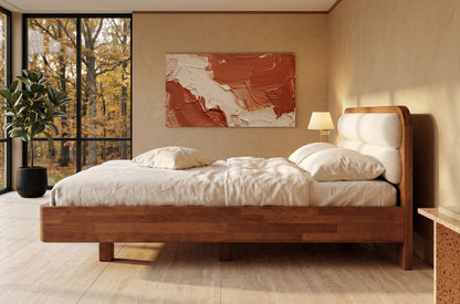 PONZA Beech Floating Bed with Bouclé Headboard