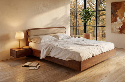 PONZA Beech Floating Bed with Bouclé Headboard
