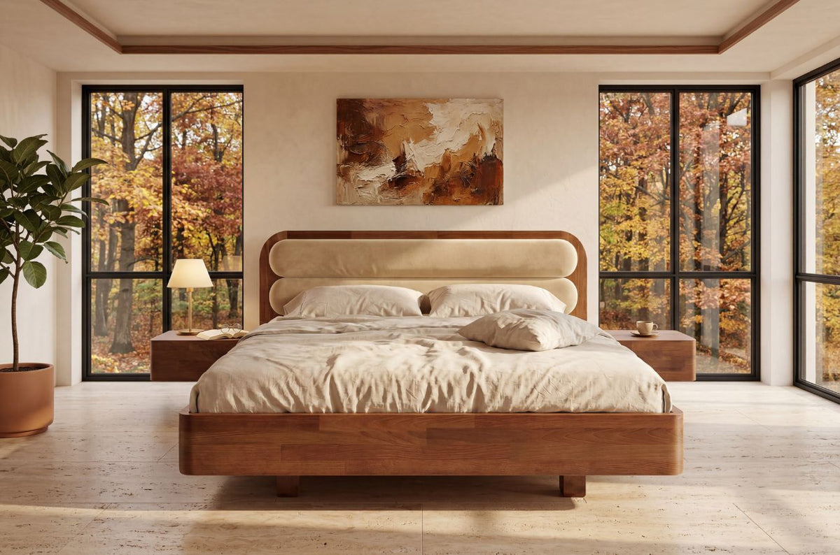 PONZA Beech Floating Bed with Bouclé Headboard