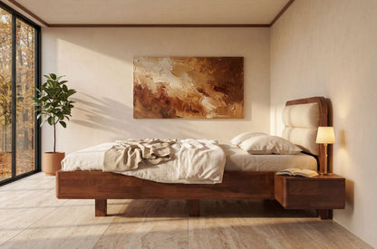 PONZA Beech Floating Bed with Bouclé Headboard