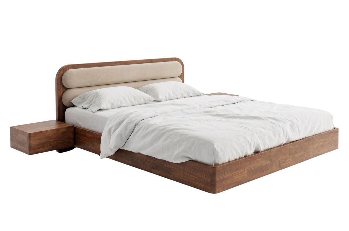 PONZA Beech Floating Bed with Bouclé Headboard