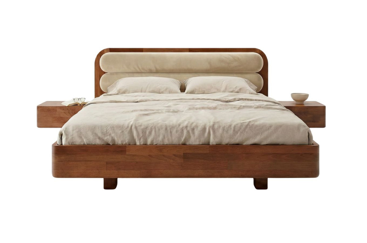 PONZA Beech Floating Bed with Bouclé Headboard