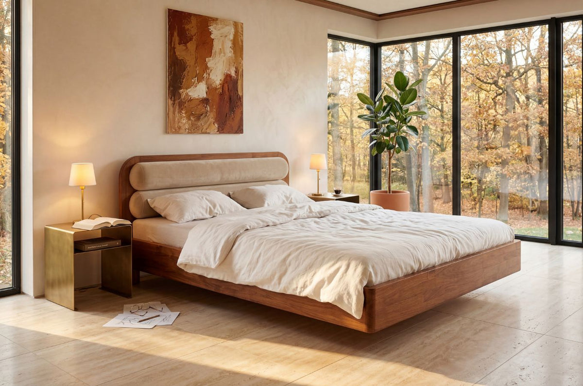PONZA Beech Floating Bed with Bouclé Headboard