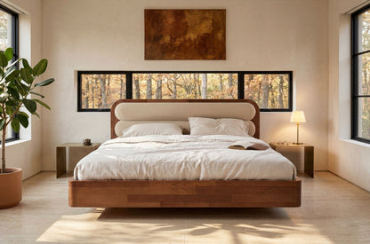PONZA Beech Floating Bed with Bouclé Headboard