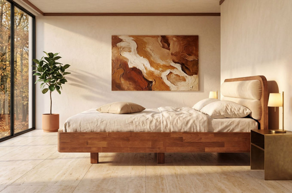 PONZA Beech Floating Bed with Bouclé Headboard
