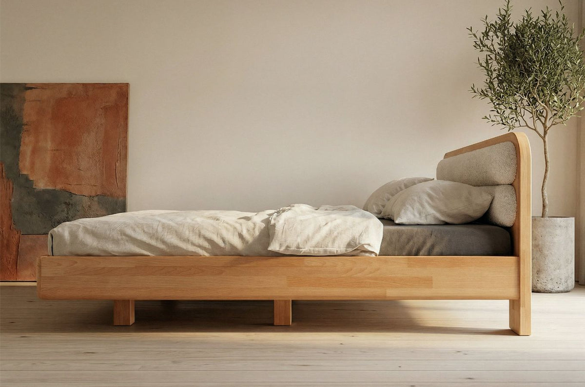 PONZA Beech Floating Bed with Bouclé Headboard