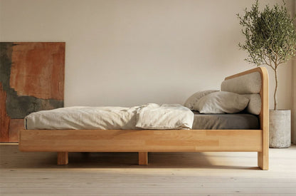 PONZA Beech Floating Bed with Bouclé Headboard