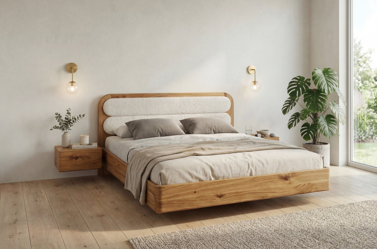 PONZA Oak Floating Bed with Bouclé Headboard