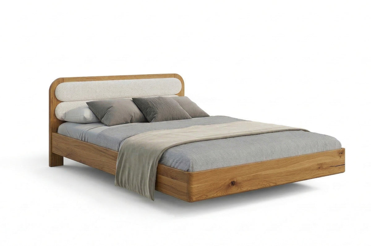 PONZA Oak Floating Bed with Bouclé Headboard