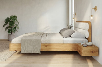 PONZA Oak Floating Bed with Bouclé Headboard