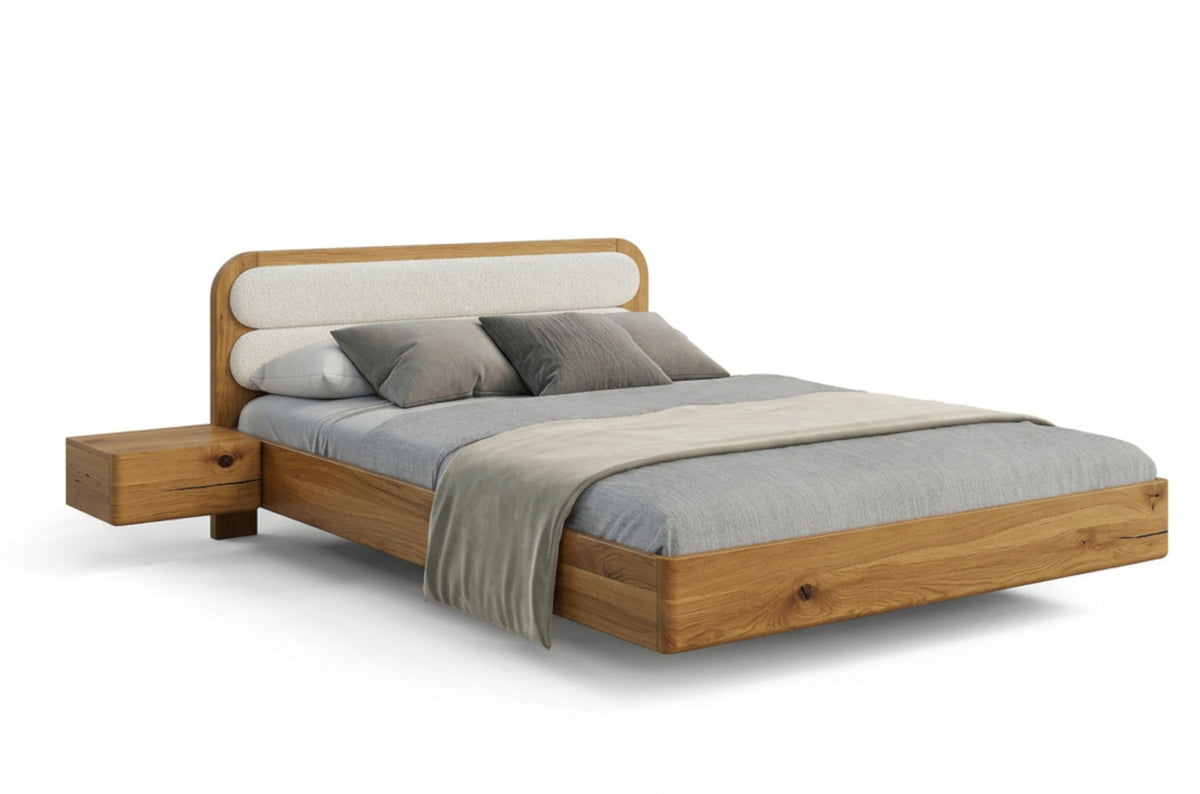 PONZA Oak Floating Bed with Bouclé Headboard