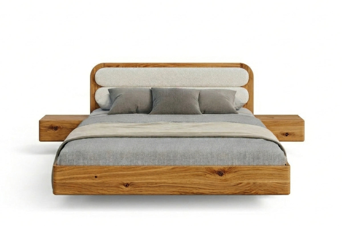 PONZA Oak Floating Bed with Bouclé Headboard