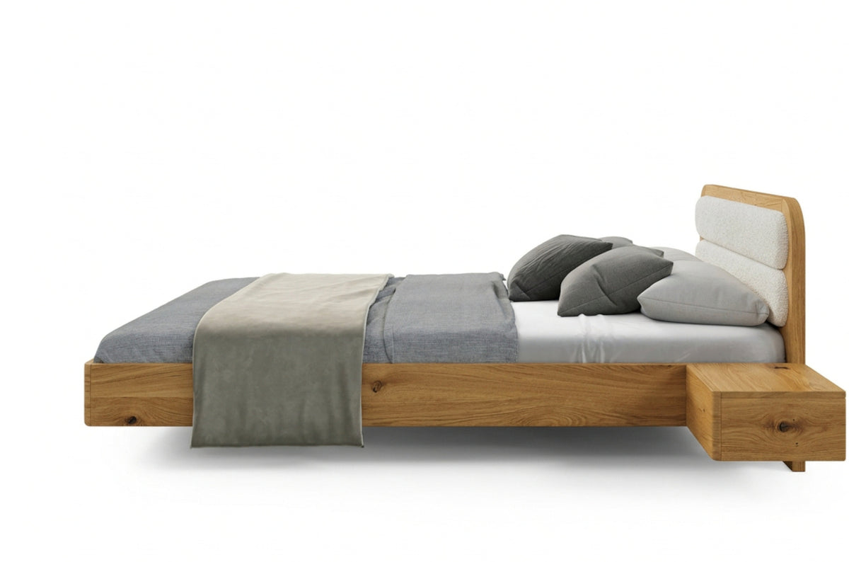 PONZA Oak Floating Bed with Bouclé Headboard