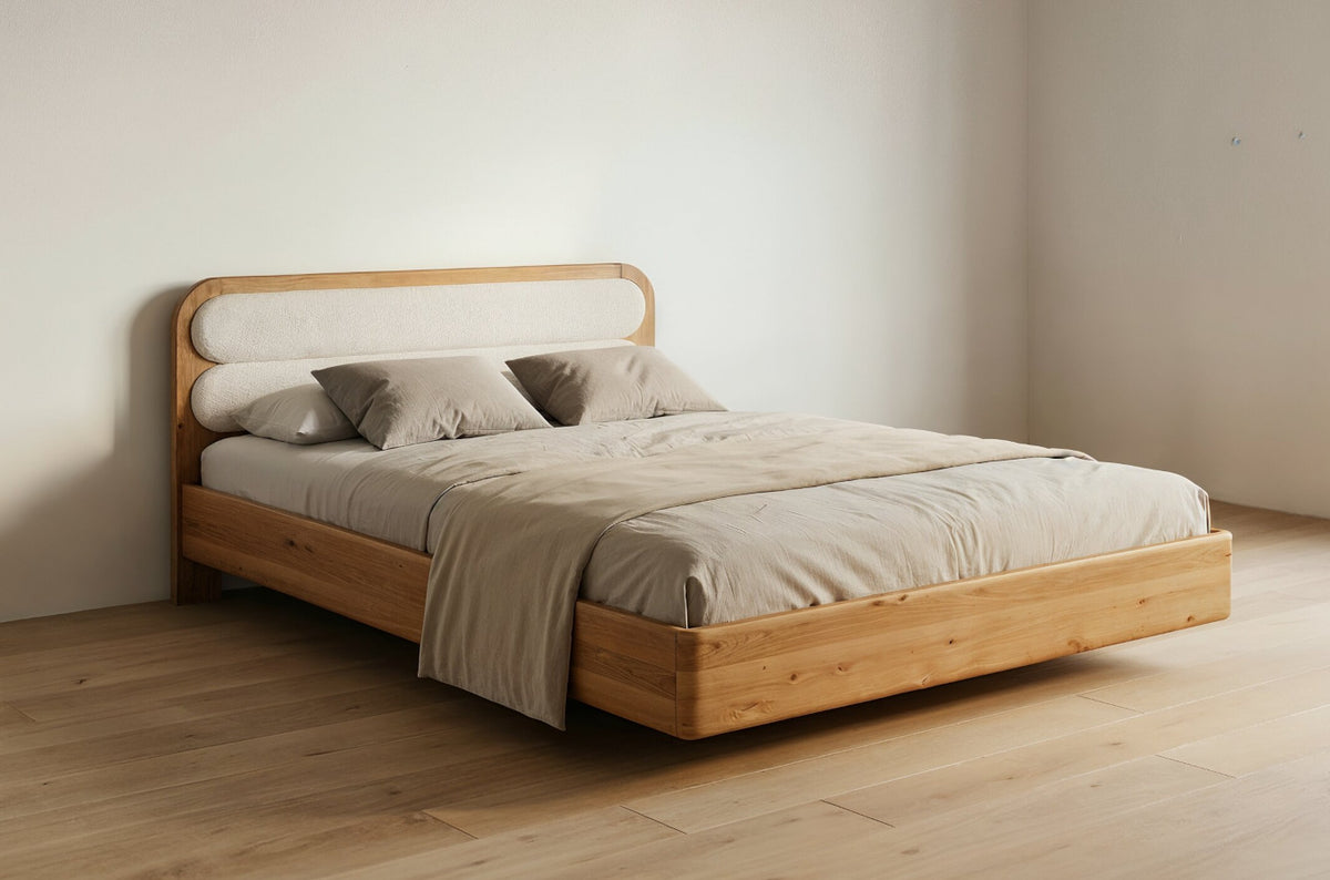 PONZA Oak Floating Bed with Bouclé Headboard