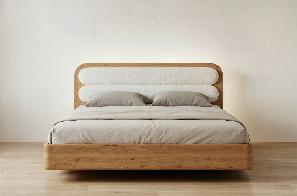 PONZA Oak Floating Bed with Bouclé Headboard