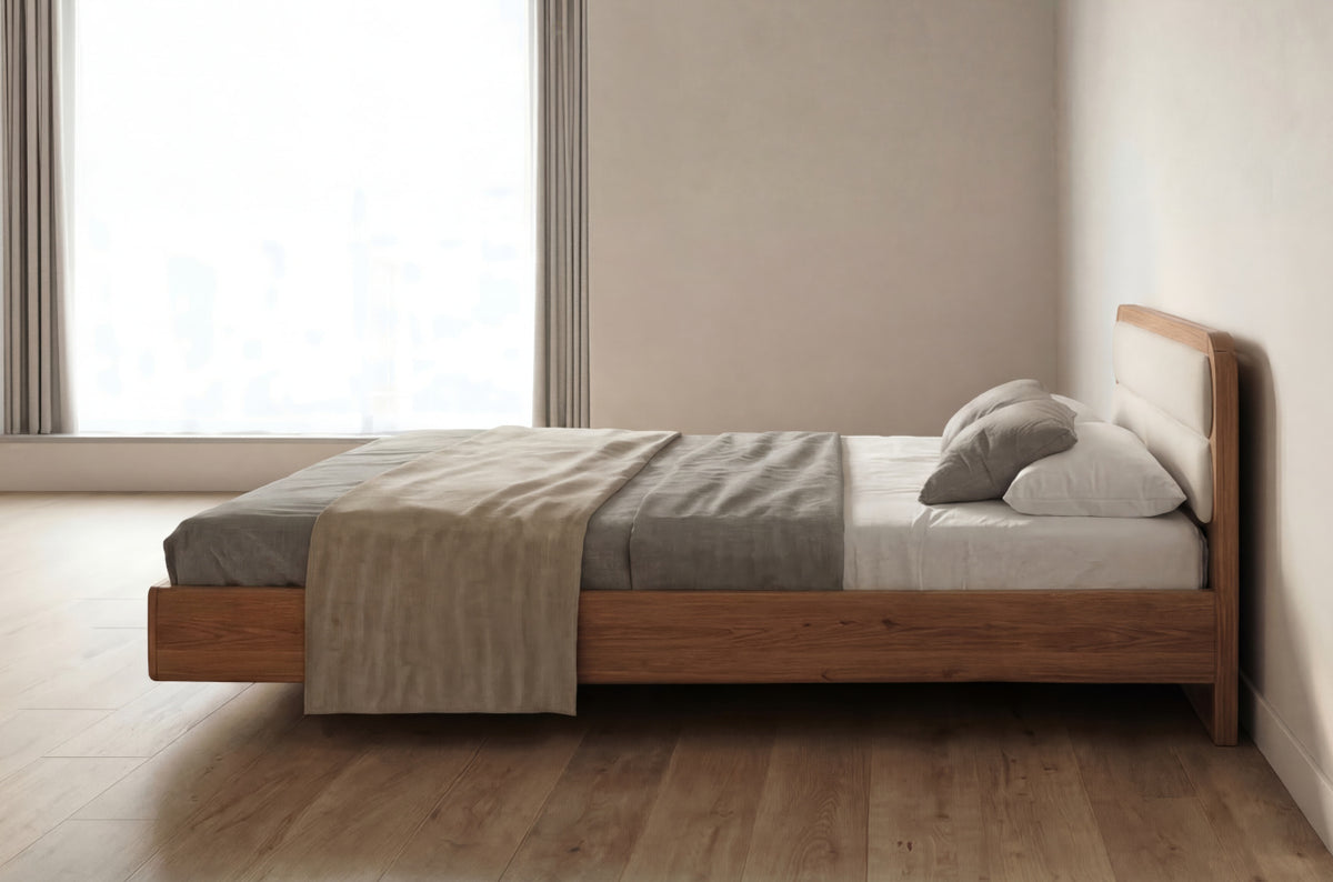PONZA Oak Floating Bed with Bouclé Headboard