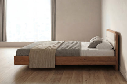 PONZA Oak Floating Bed with Bouclé Headboard