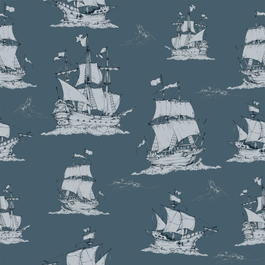 NAVY Blue Ships Wallpaper 100x280CM